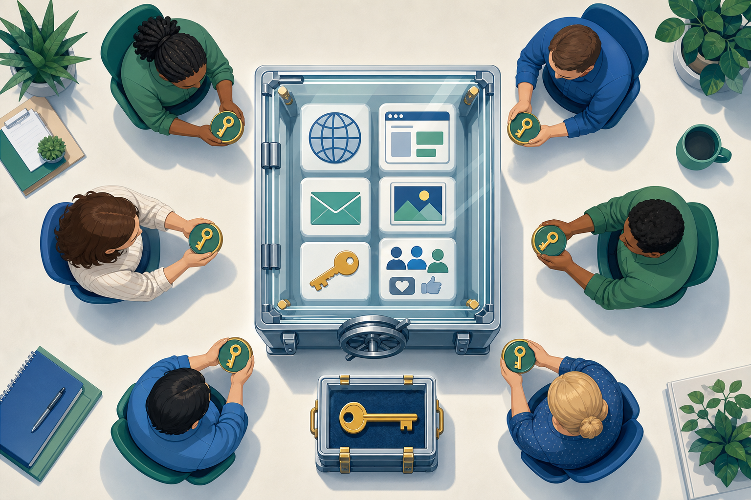 A secure central vault holds a nonprofit's website, email, media, and account assets while staff members share controlled access.