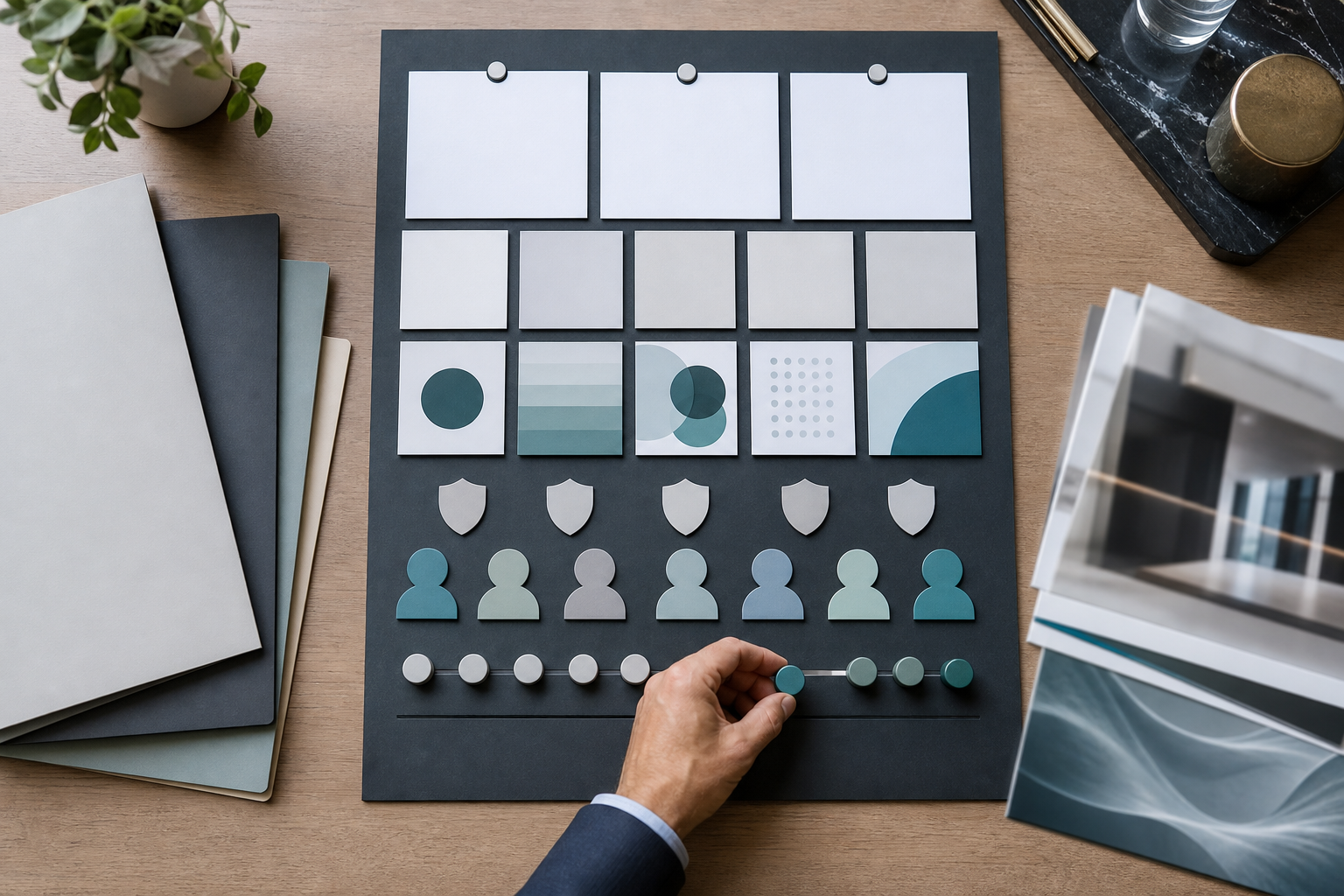 An overhead view of proposal folders and blank evaluation cards arranged with tokens representing case studies, compliance, audience knowledge, and references.