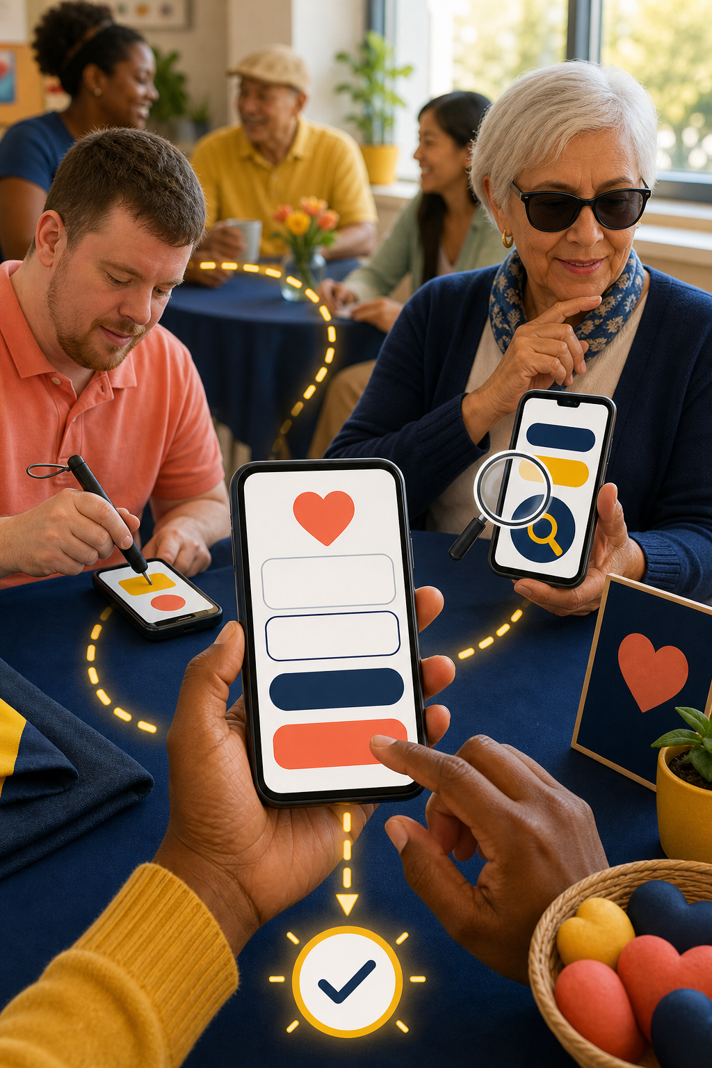Supporters use a simple mobile donation form with screen magnification and an adaptive stylus at a community event.