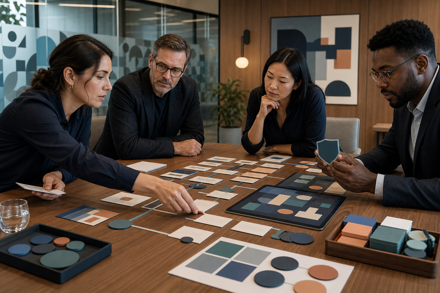 A fintech team and agency specialists collaborate around a table with an abstract product prototype, journey cards, compliance pieces, and measurement tokens.