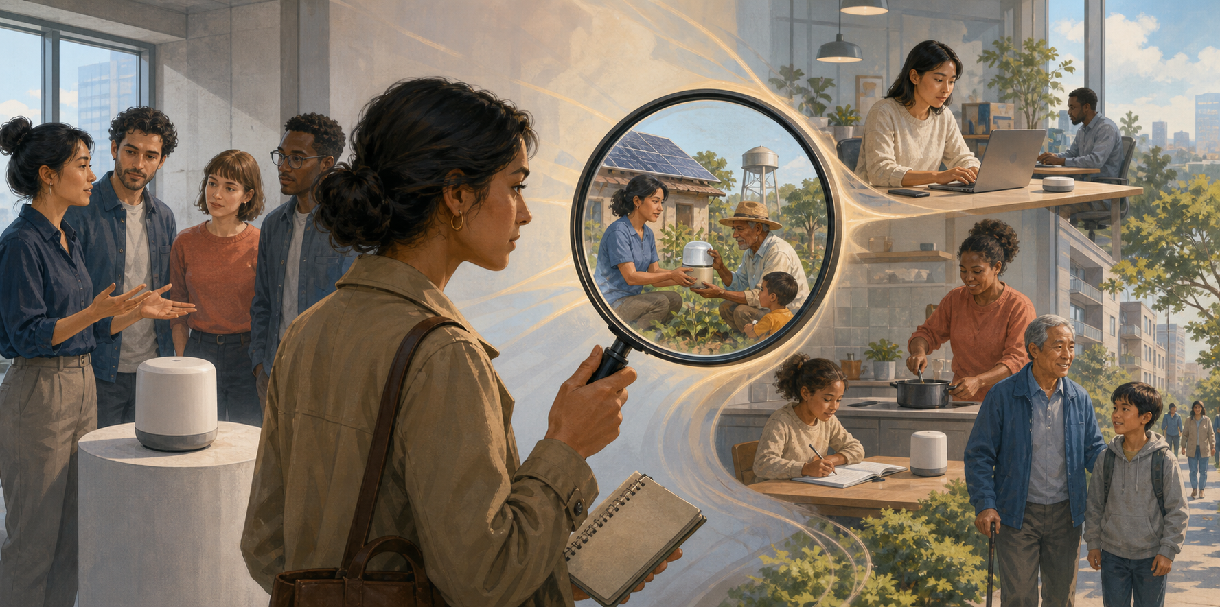 A journalist uses a lens to connect a company announcement with its practical effects on people at work, at home, and in a neighborhood.