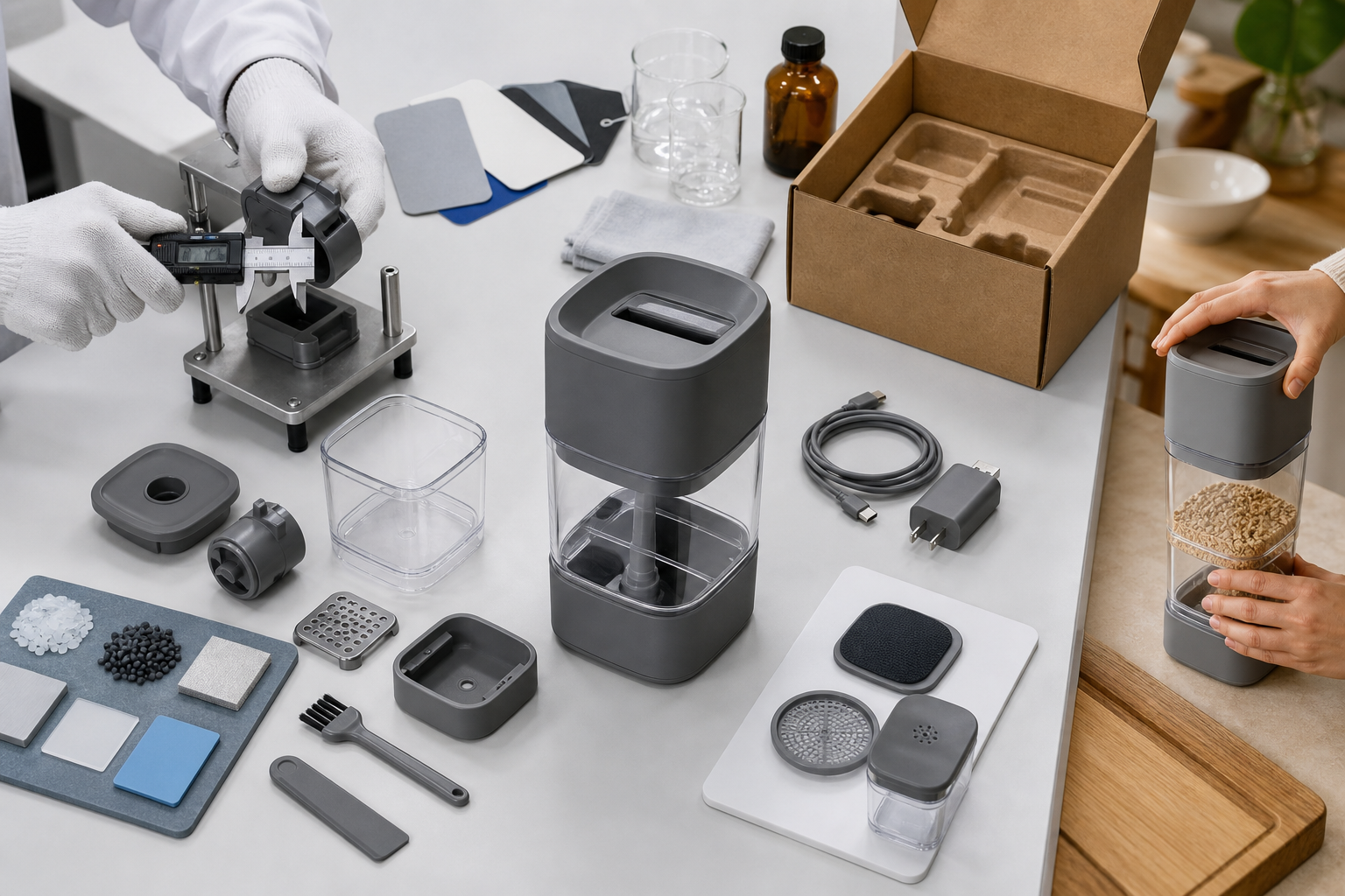 An unbranded modular device is inspected on a workbench alongside its components, material samples, accessories, and household use-case objects.