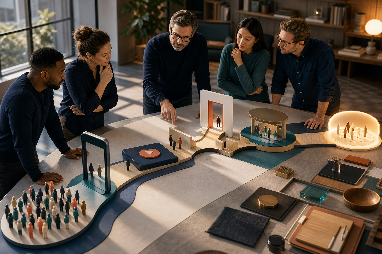 A media leader and four colleagues examine a physical customer journey model that runs from an audience through multiple touchpoints to an illuminated outcome.