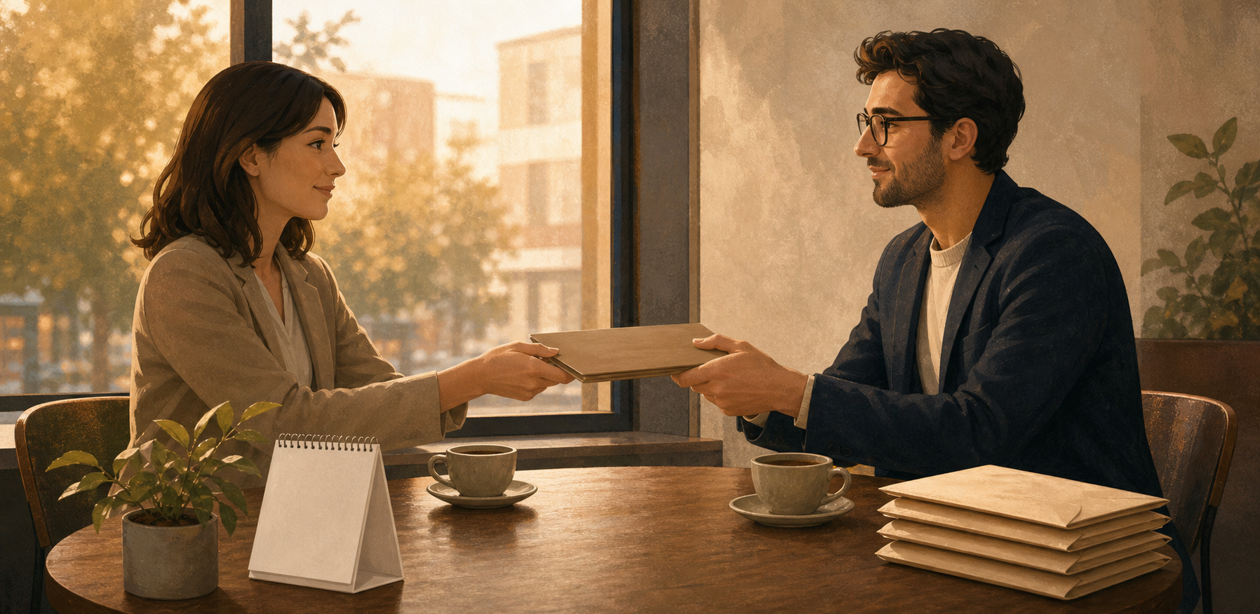 A journalist and a communications professional exchange a folder at a cafe table beside a small stack of unopened envelopes and a potted plant.