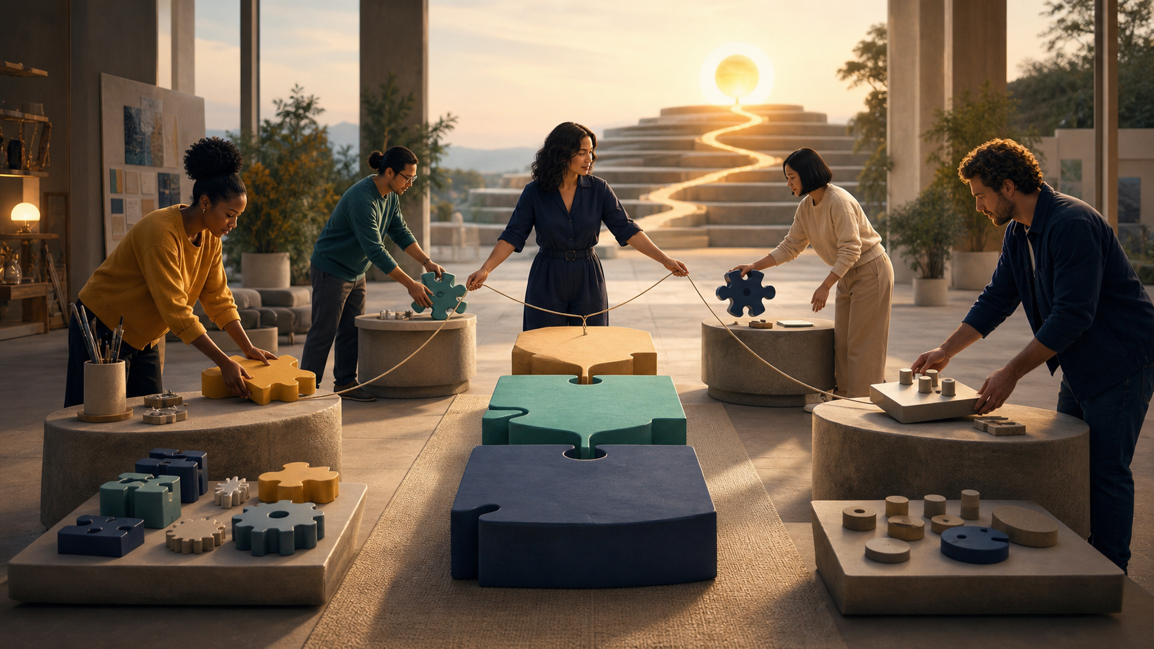 A media leader connects the work of creative, product, analytics, and operations specialists along three stepping stones leading to a shared illuminated goal.