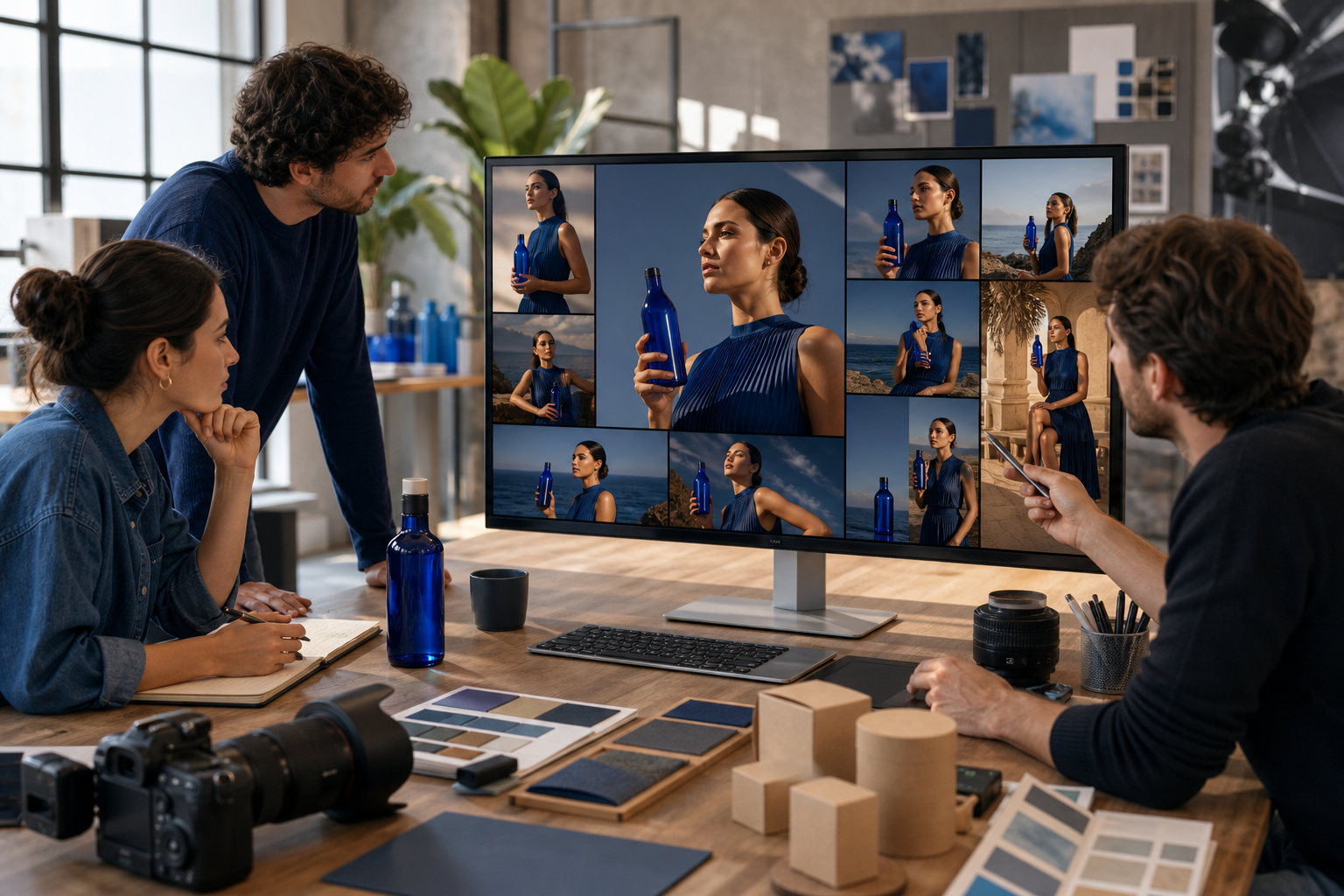 Marketing creatives review consistent square, portrait, and landscape campaign images of a fictional model and an unbranded blue bottle on a studio monitor.