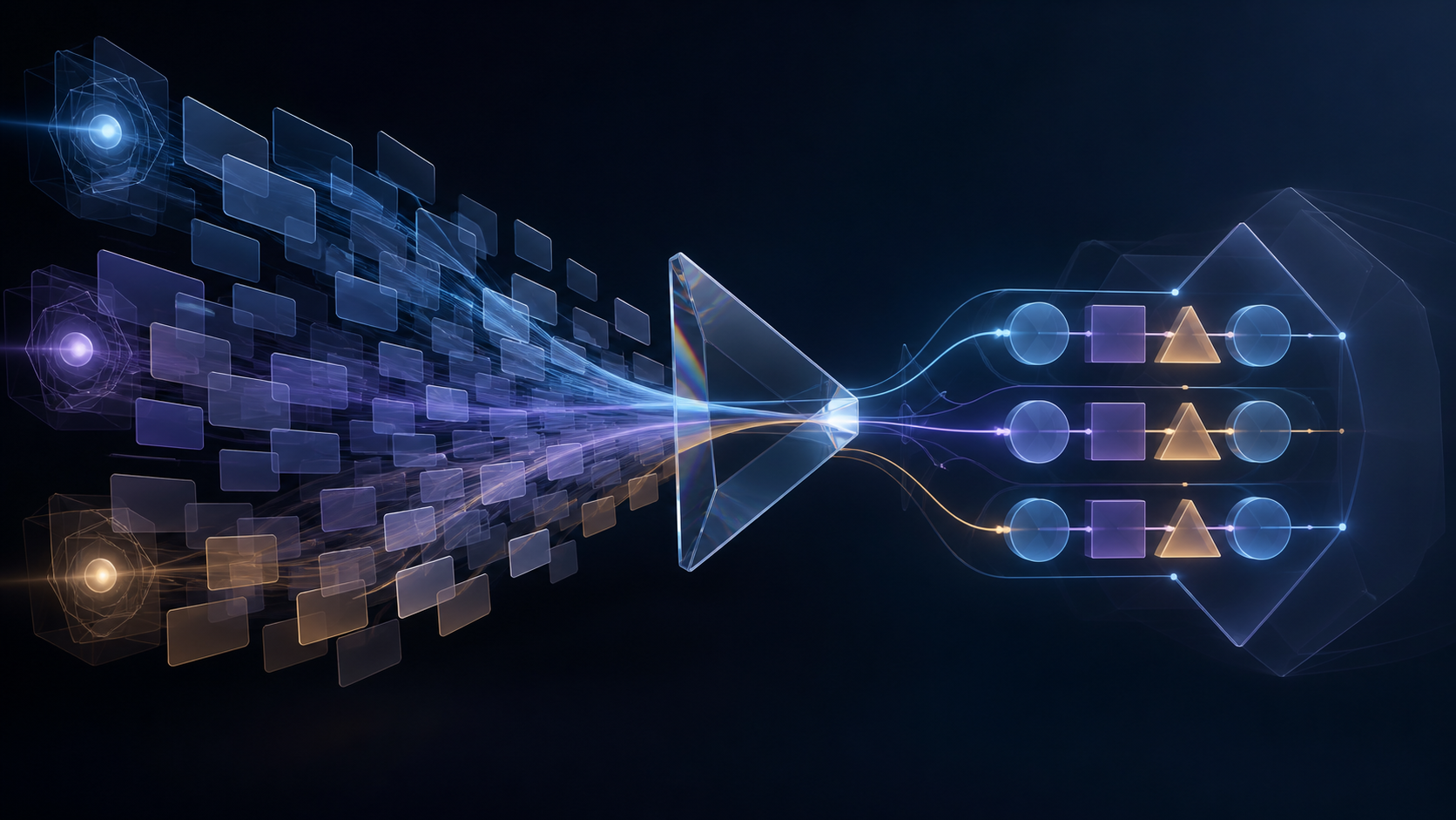 Translucent response panels converge through a glass prism into a small group of repeated geometric patterns.