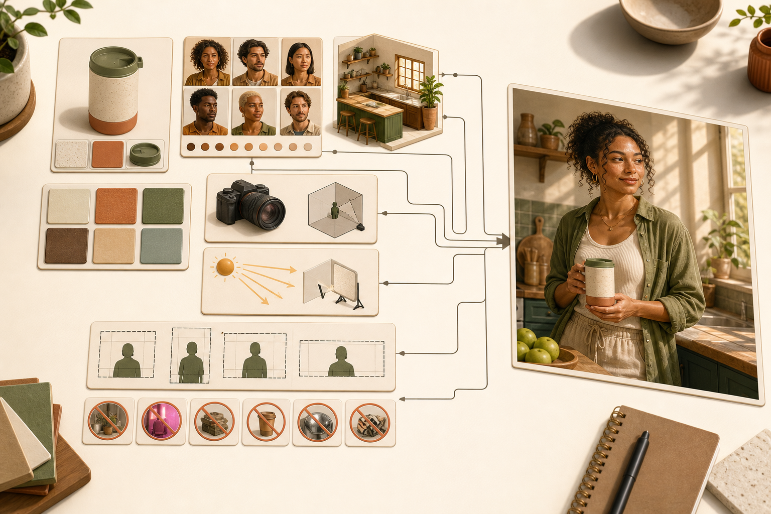 Visual reference tiles for a mug, customer, kitchen, colors, lighting, and image formats connect to a finished campaign image.