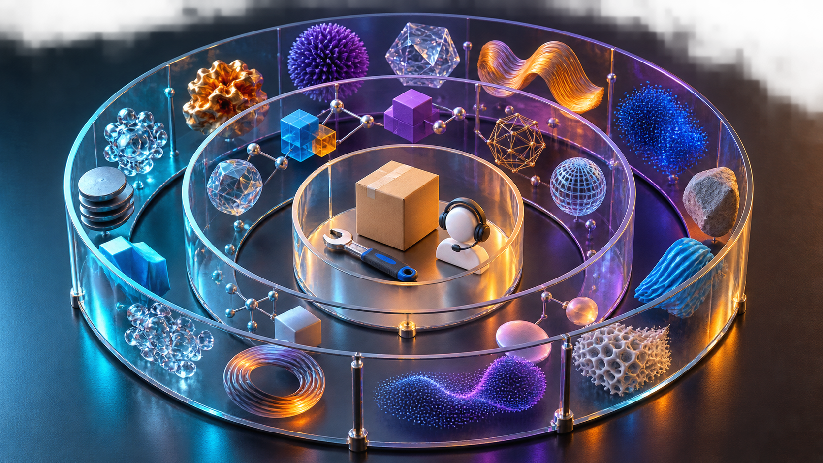Three concentric transparent layers organize surface shapes, connected concepts, and generic objects around a central subject.