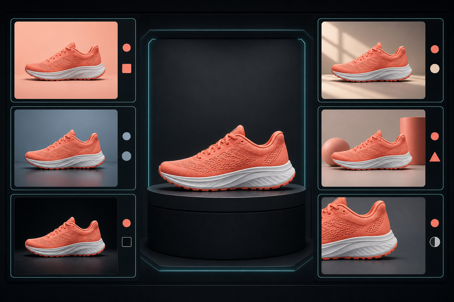 Six campaign previews preserve the same coral running shoe and fictional athlete while changing backgrounds, lighting, props, and crops.