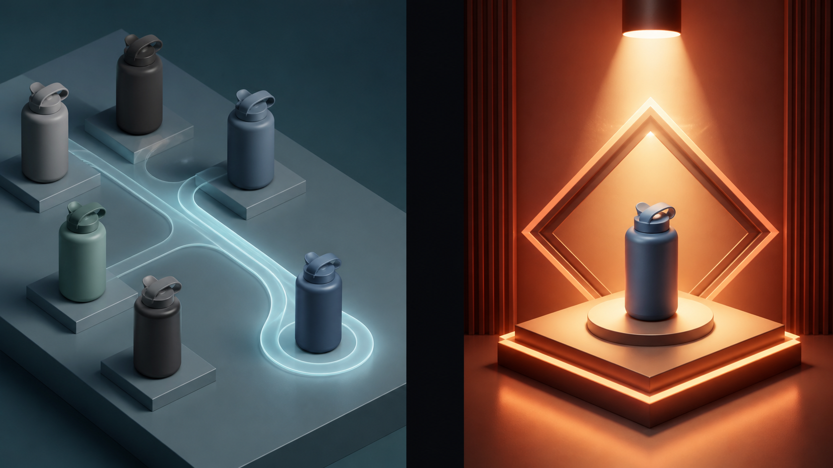 A split scene shows an unbranded product on a neutral comparison table on one side and on a brightly spotlighted display on the other.