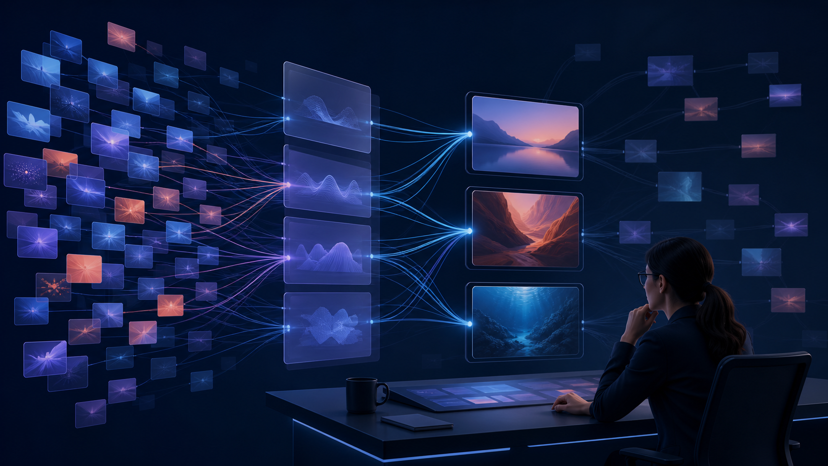 An analyst studies a network in which multiple prompt and answer tiles connect repeatedly to a few generic video frames.