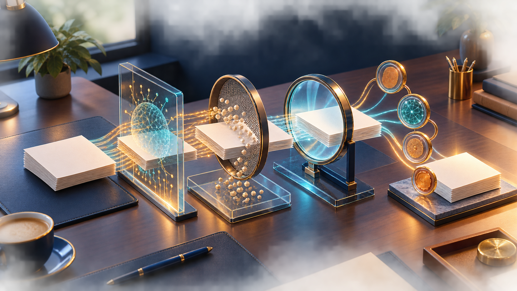 An unmarked manuscript passes through four visual inspection layers representing AI detection, filler screening, quality review, and provenance verification.
