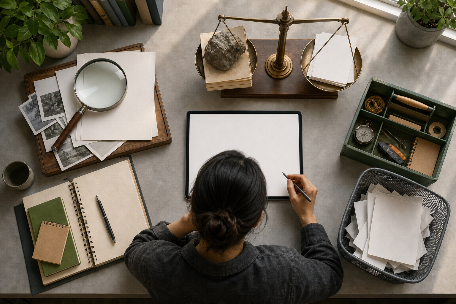 An editor reviews an unmarked digital page beside source documents, a balance scale, a toolbox, and a tray of duplicate sheets.