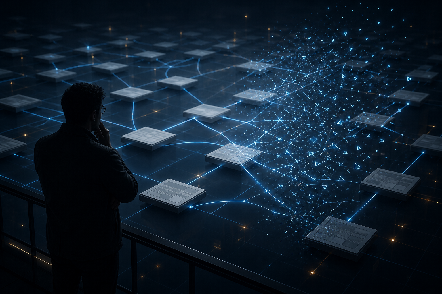 An analyst observes a digital network where many glowing citation links are fading while the connected web pages remain intact.