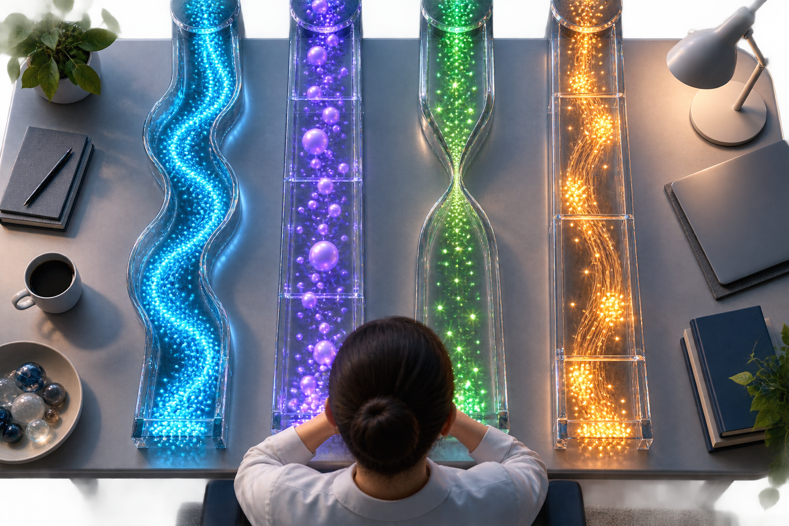 Four separate illuminated channels show different signal patterns while an investigator compares them in a research workspace.