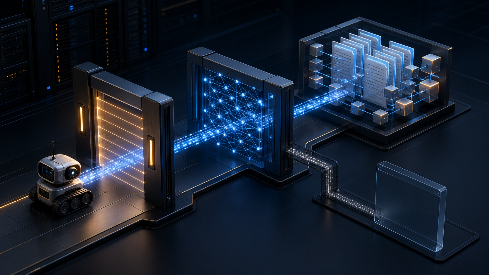 A small retrieval robot moves through security, link, and content gates inside an abstract server architecture, while another route ends at an empty page shell.