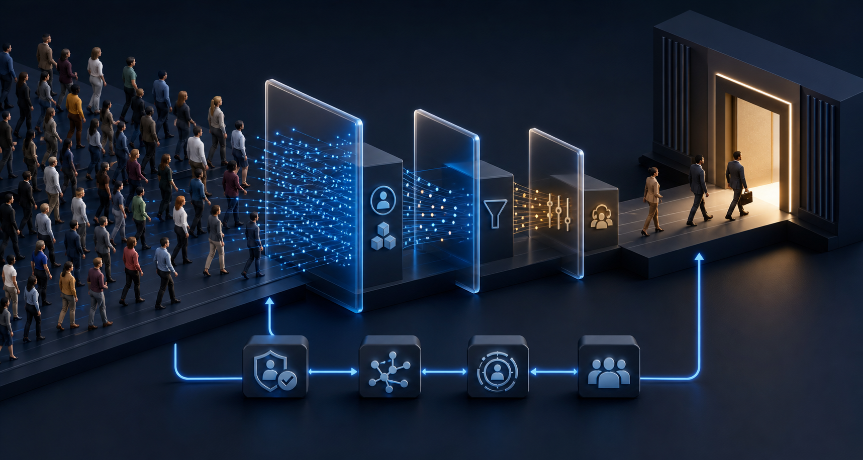 An abstract B2B lead-generation pipeline filters a broad professional audience into a small group of qualified decision-makers, with a feedback loop connecting the destination to the targeting system.