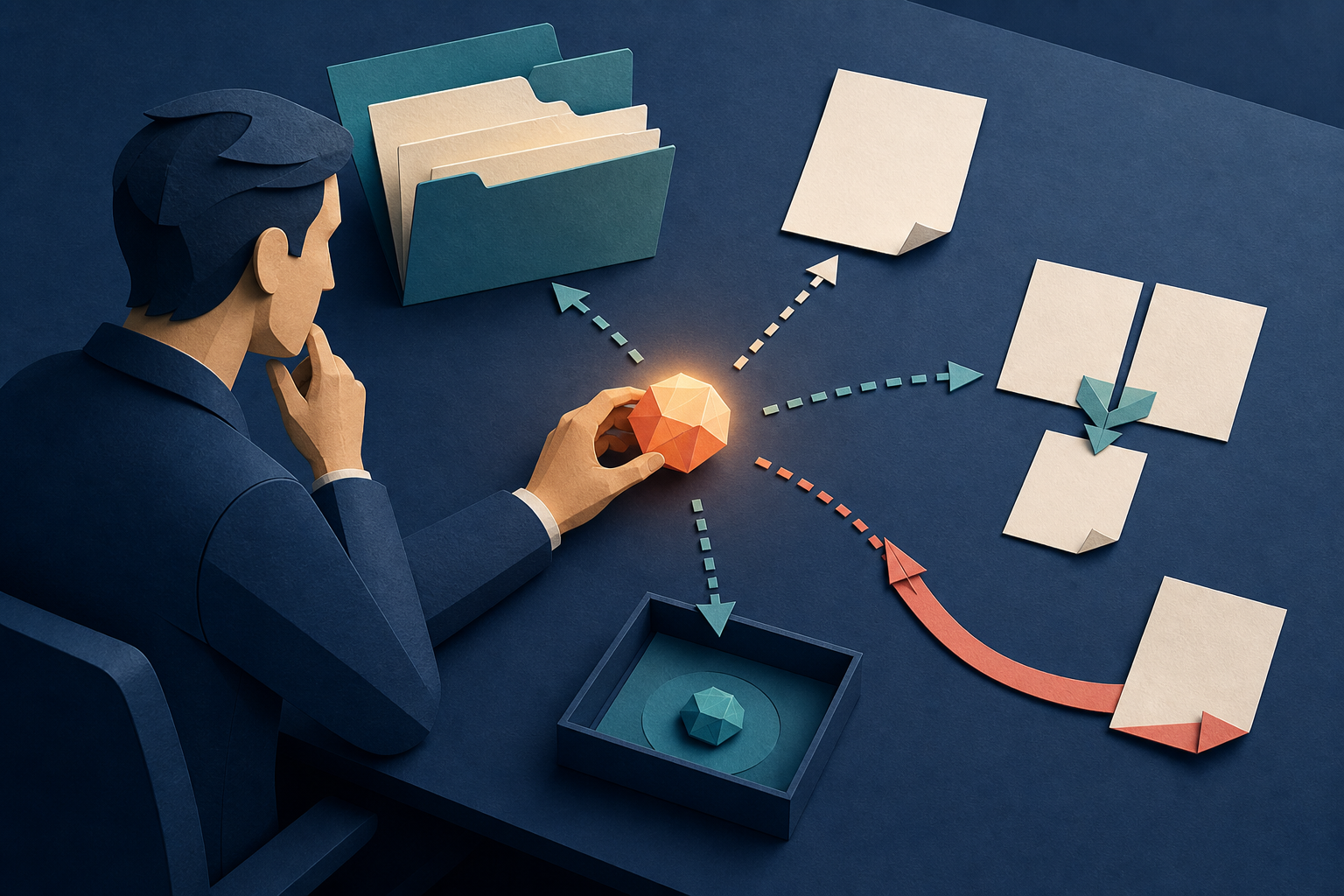 A strategist sorts a glowing search-intent token among visual options for expanding, creating, merging, redirecting, or postponing a web page.