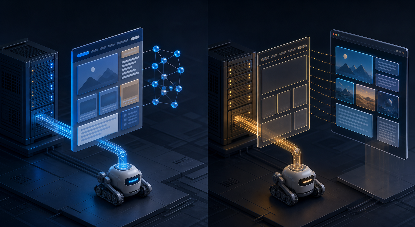 Two server-response paths show a crawler receiving a complete structured page on one side and an empty page shell on the other.