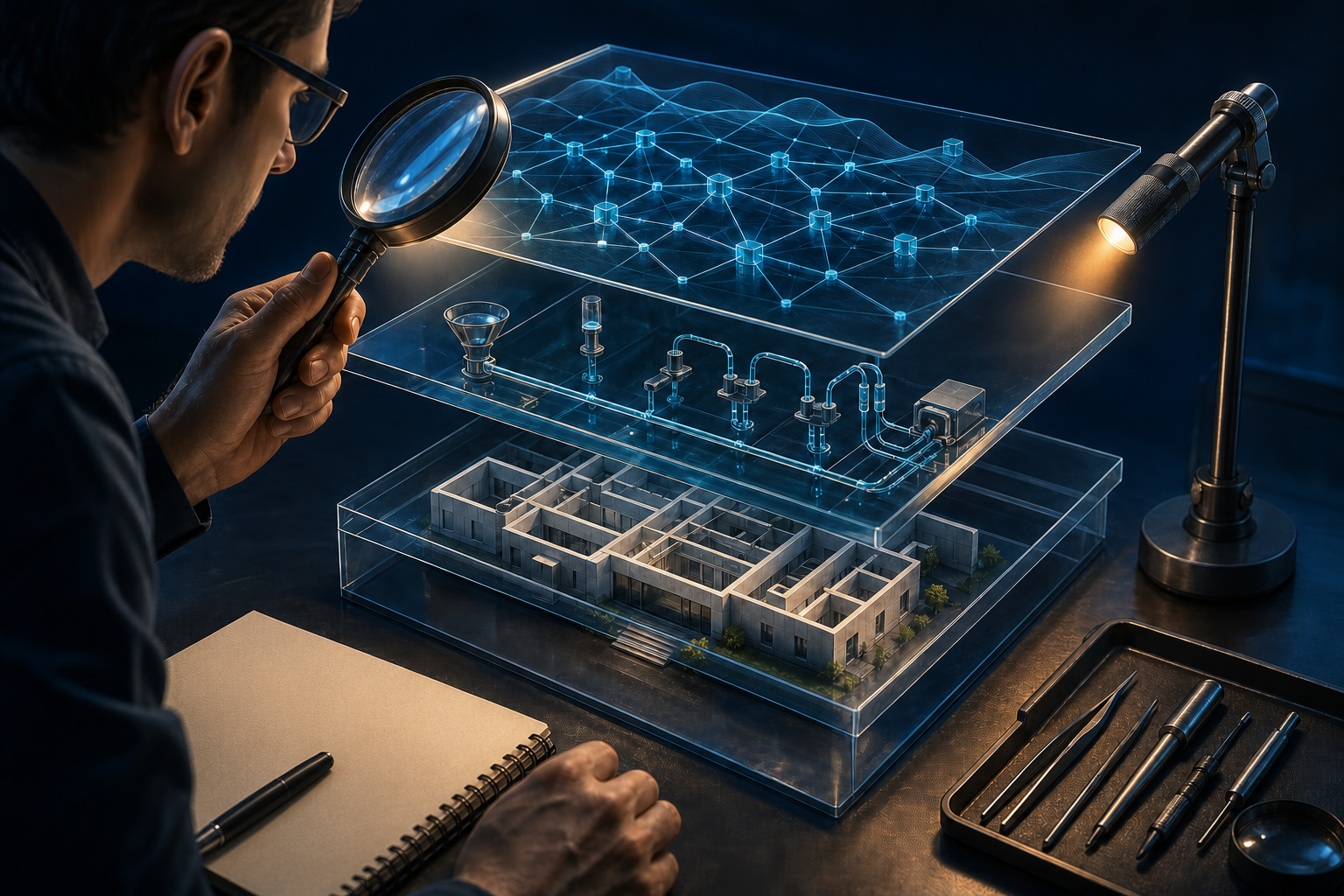 A forensic analyst inspects separate platform, measurement, and website layers in a transparent system model.