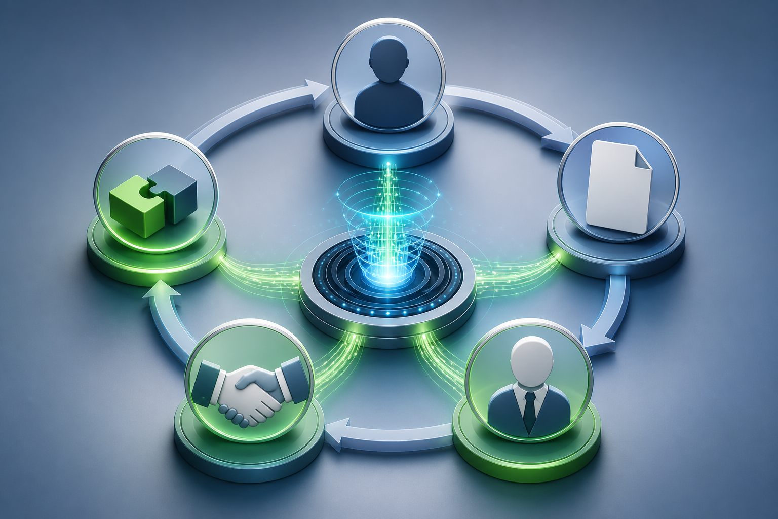 A circular optimization loop connects a visitor, form submission, reviewed contact, business opportunity, and completed agreement, with signals flowing back toward a central targeting engine.