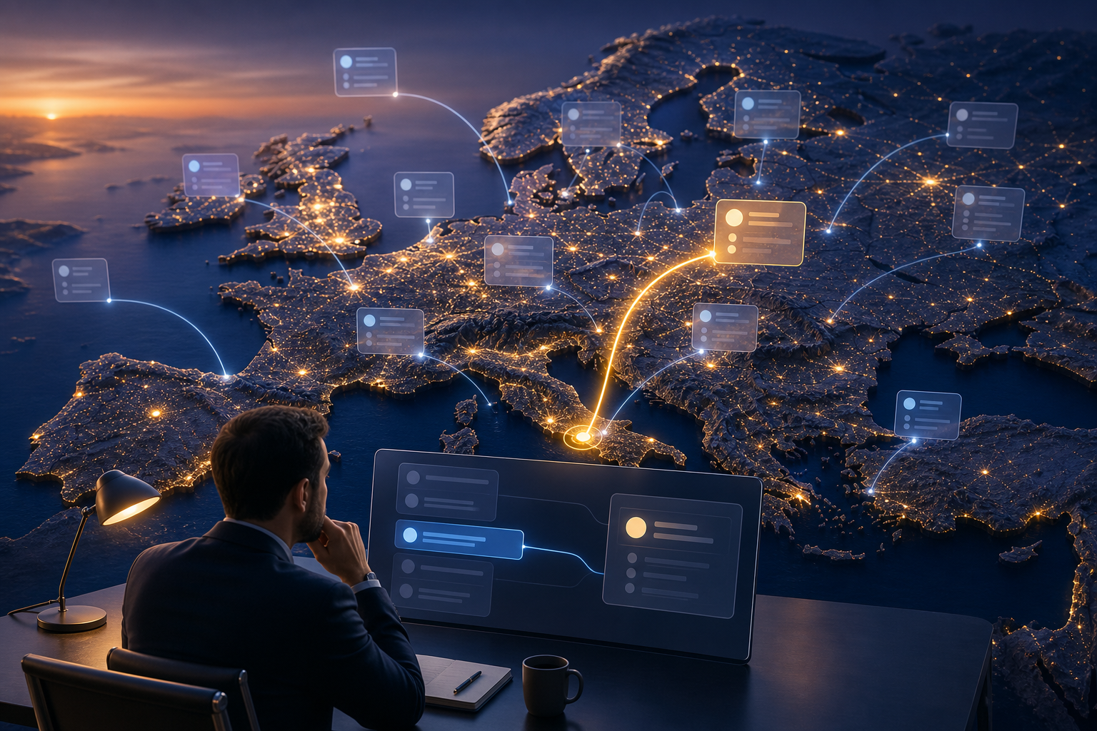A media strategist studies an abstract campaign interface beside an illuminated three-dimensional map of Europe with conversational panels connected to cities.