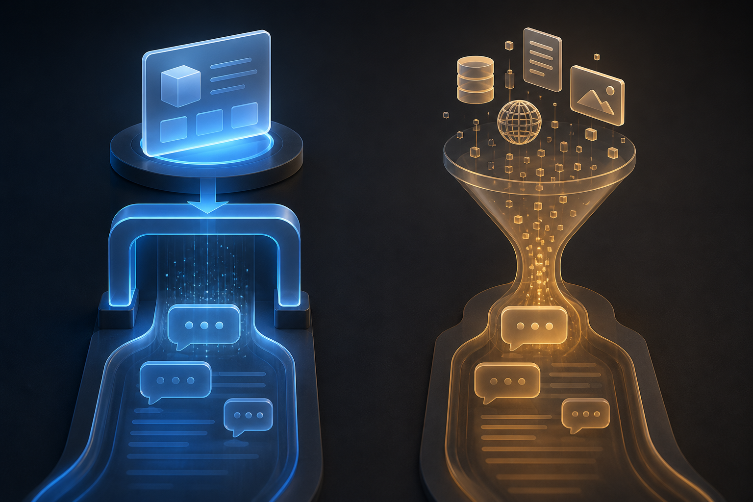 Two parallel conversational pathways show a glowing sponsored card on one side and source materials flowing into an AI answer on the other.
