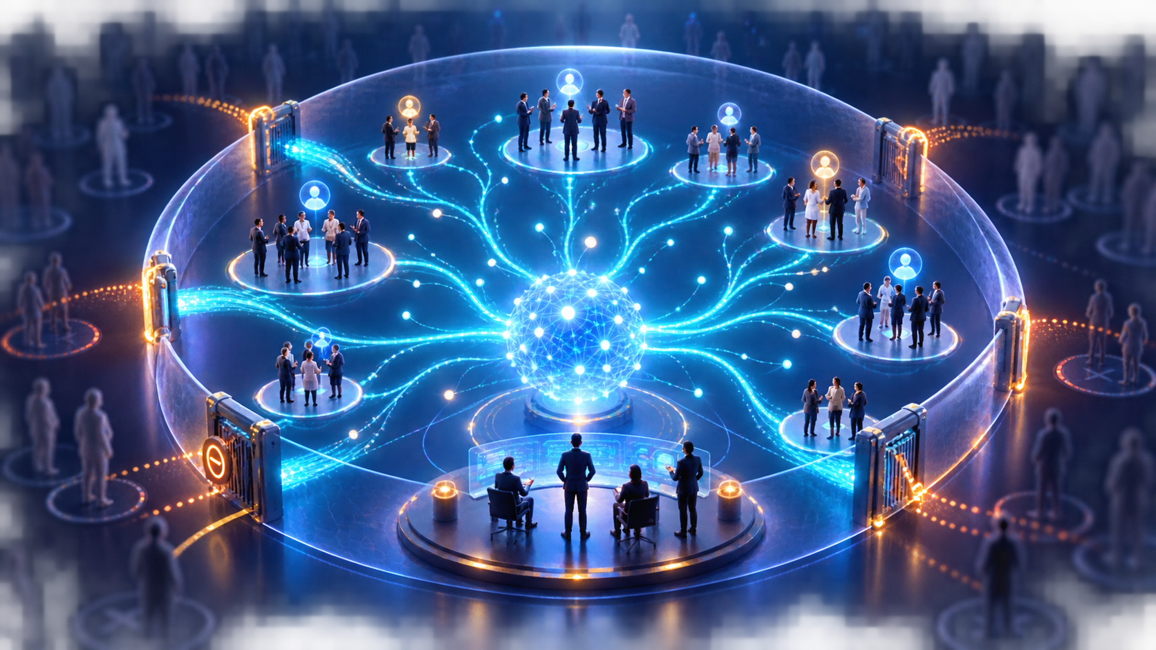 A glowing intelligent network expands toward groups of professional figures while transparent boundaries and control gates restrict which paths can pass through.