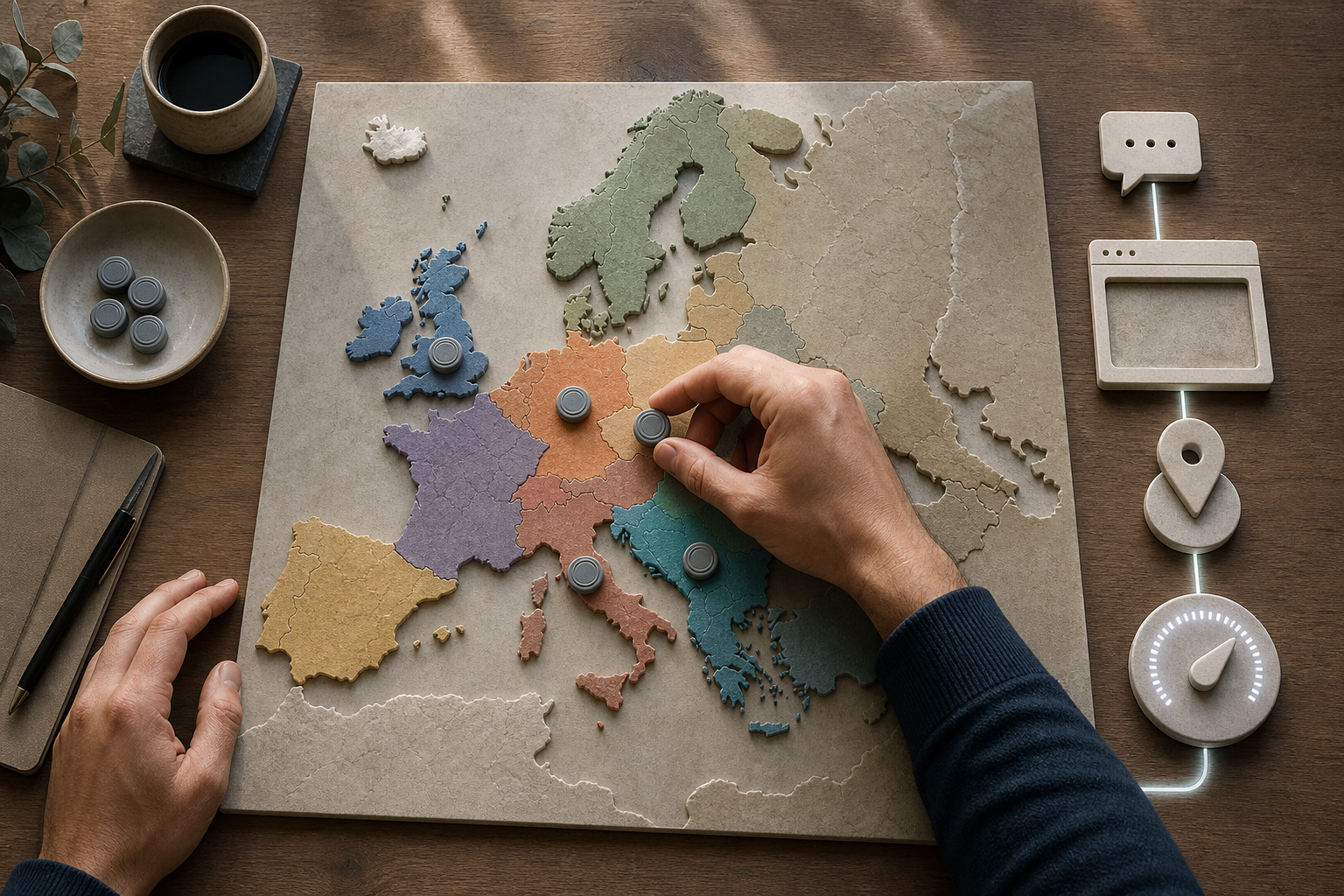 A strategist allocates test tokens among color-coded regional clusters on an unlabeled map of Europe beside abstract conversion and measurement pieces.