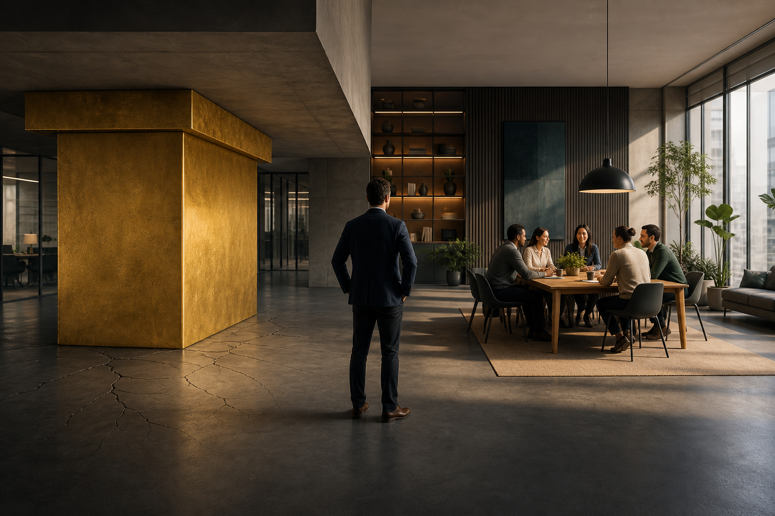 A business leader stands between a large golden block supporting a cracked office floor and a team gathered around a collaborative workspace.