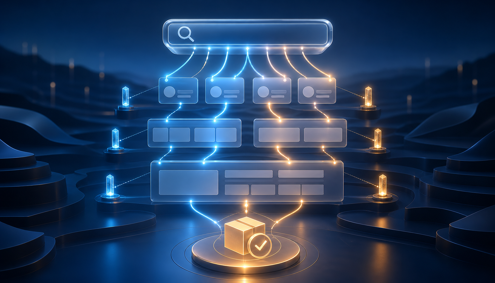 Abstract illuminated pathways connect an AI search portal with research, website, measurement, and purchase symbols.