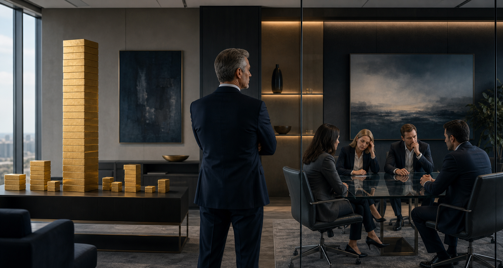 A manager observes one tall stack of gold blocks on one side of an office and a tense client meeting on the other.