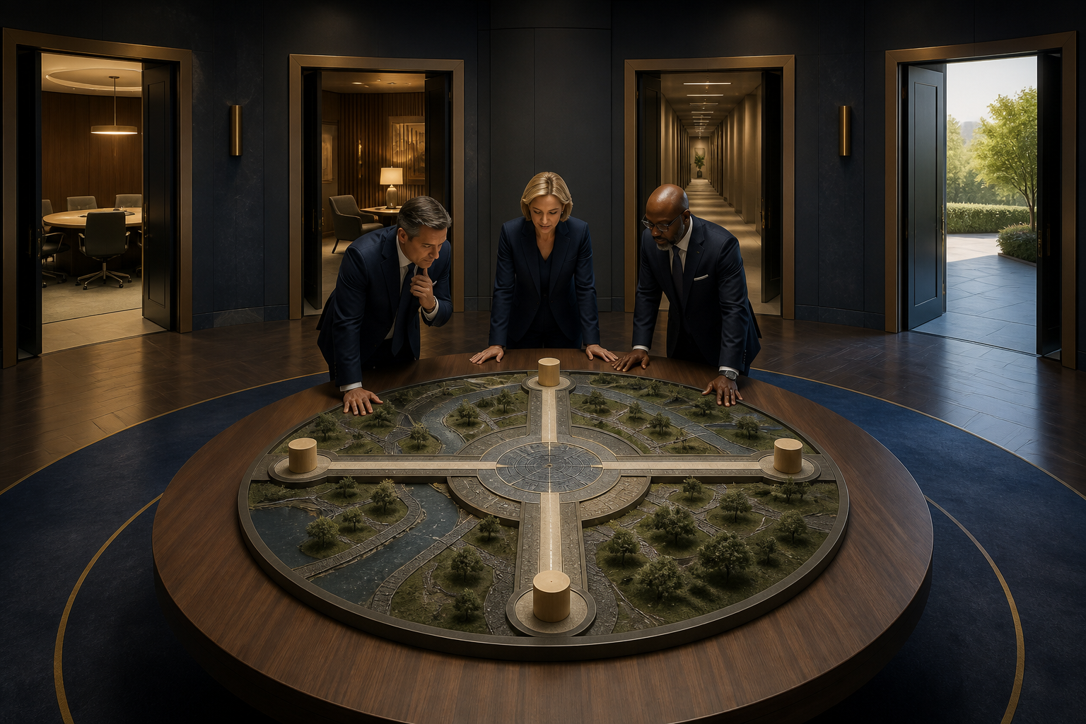 Three business leaders study a tabletop model with four paths leading toward separate unmarked doorways.