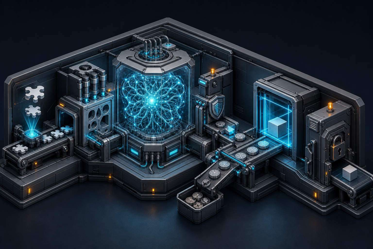 A glowing neural form sits inside a transparent chamber surrounded by mechanical validation stages, safety switches, and a locked output gate.