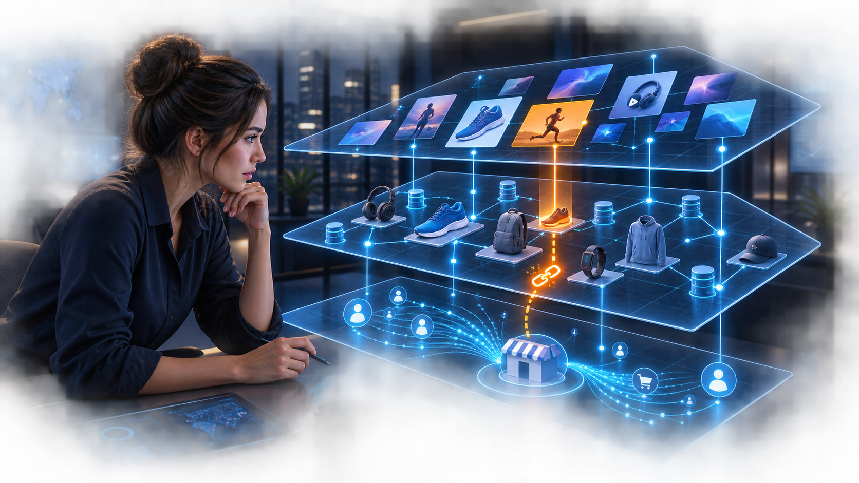An analyst traces an amber fault through stacked creative, product-feed, and conversion layers in a three-dimensional reporting system.