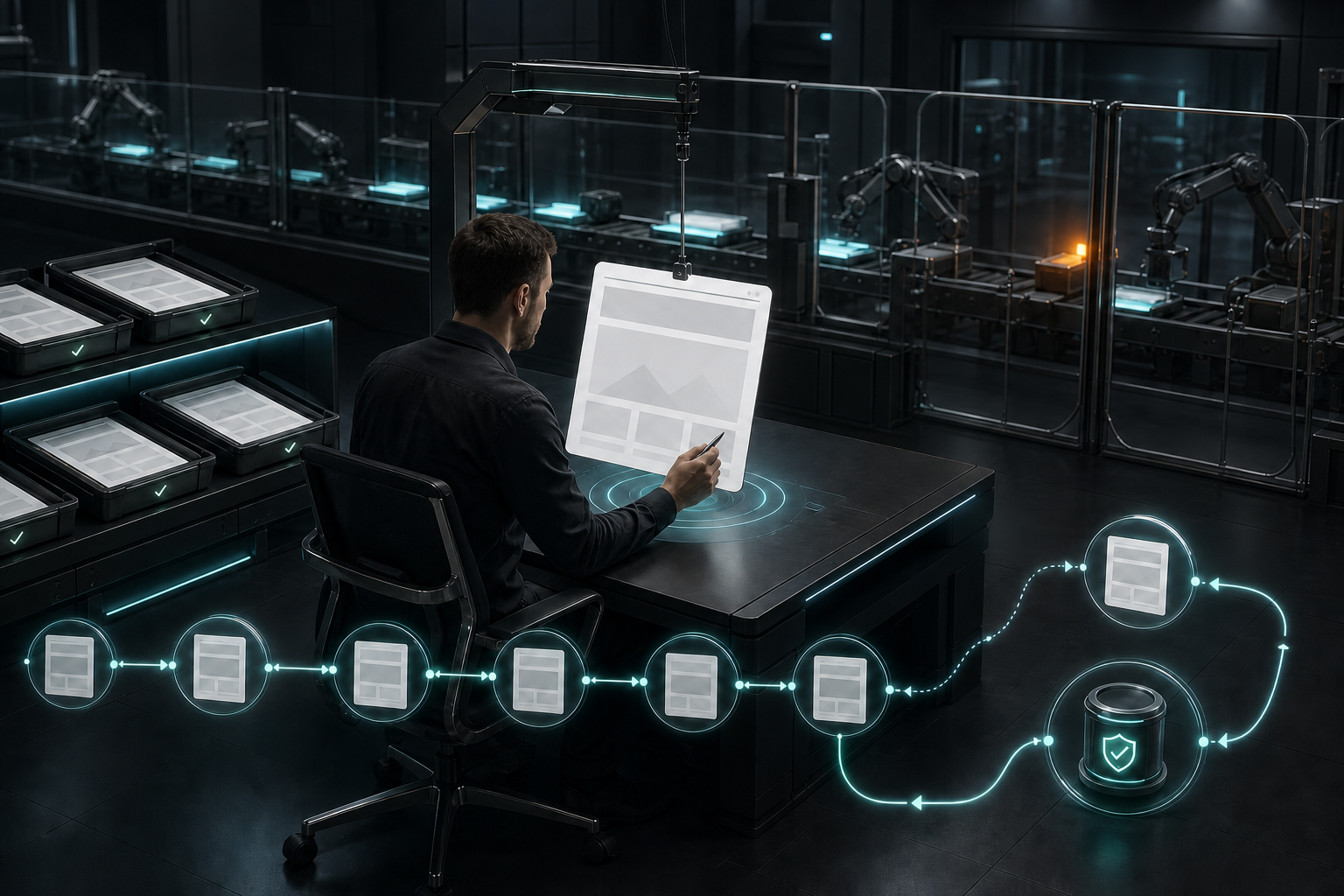 A reviewer inspects a web-page tile in a control room while an automation line shows a paused gate, an amber fault, a traceable path, and a recovery loop.