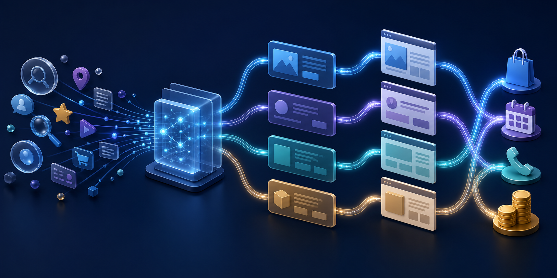 An isometric illustration of search signals passing through an AI decision engine into ad cards, landing pages and business outcome symbols.