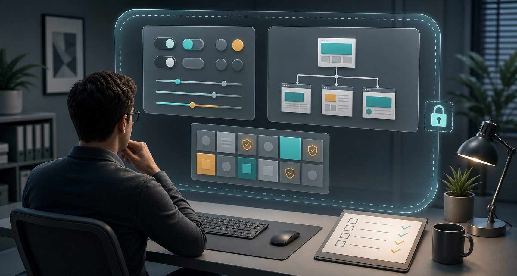 An analyst reviews unlabeled settings, destination-page thumbnails and search-term controls on floating panels before a controlled rollout.