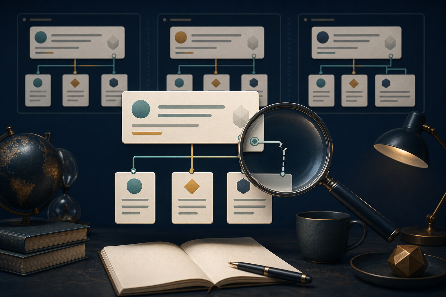 A magnifying glass examines connections between floating answer cards and source documents, while repeated result sets vary in the background.