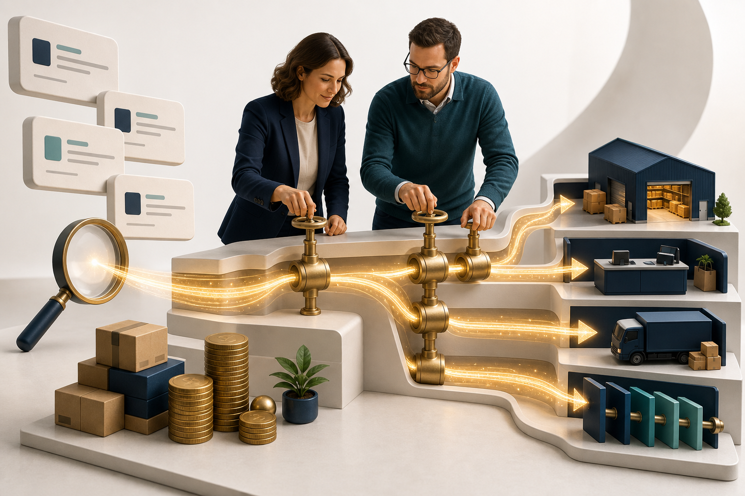 A business owner and advertising specialist adjust valves controlling a stream of customer demand toward sales, inventory, and fulfillment operations.