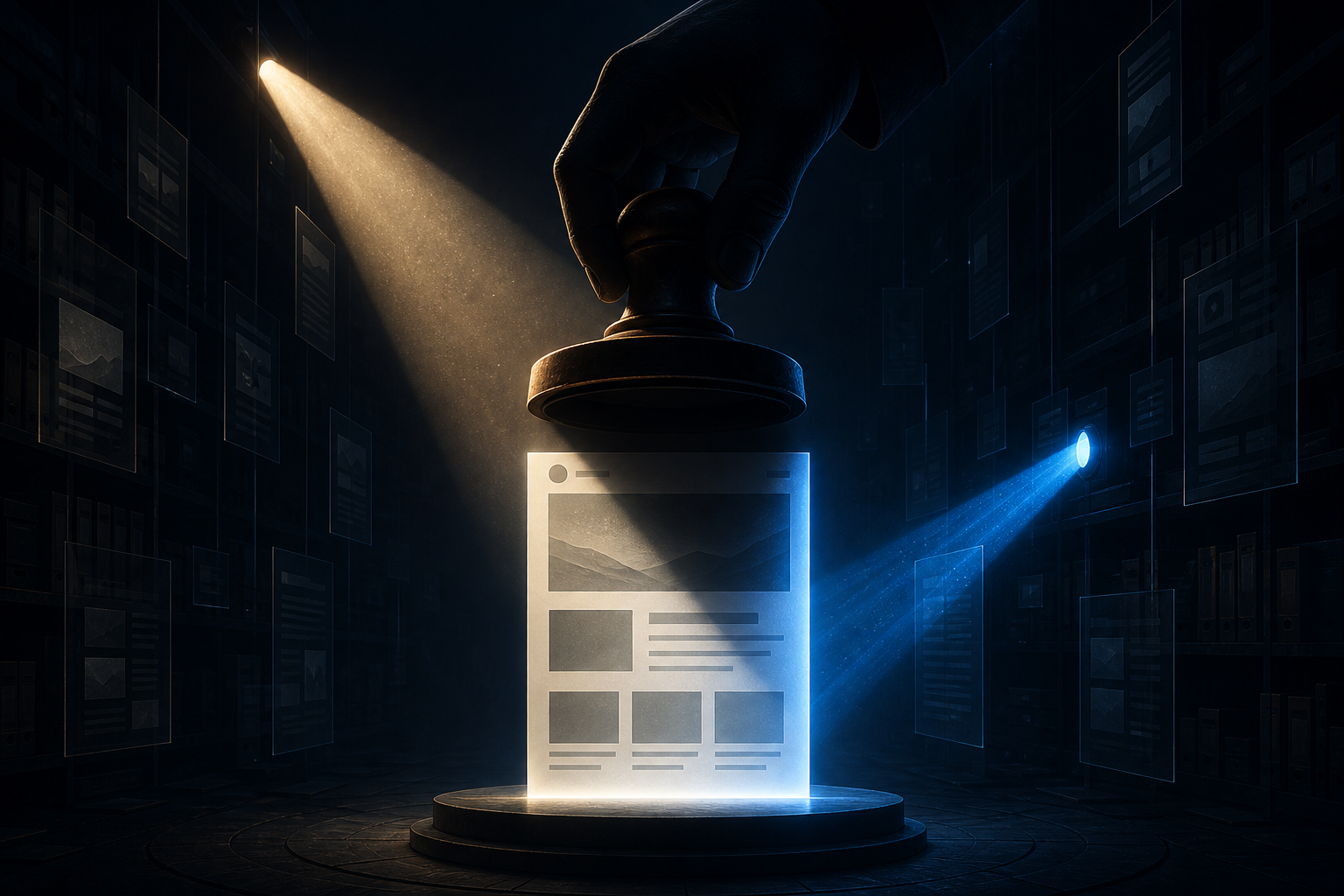 An anonymous hand lowers a heavy seal toward a glowing web page as a searchlight over the page is partially blocked.