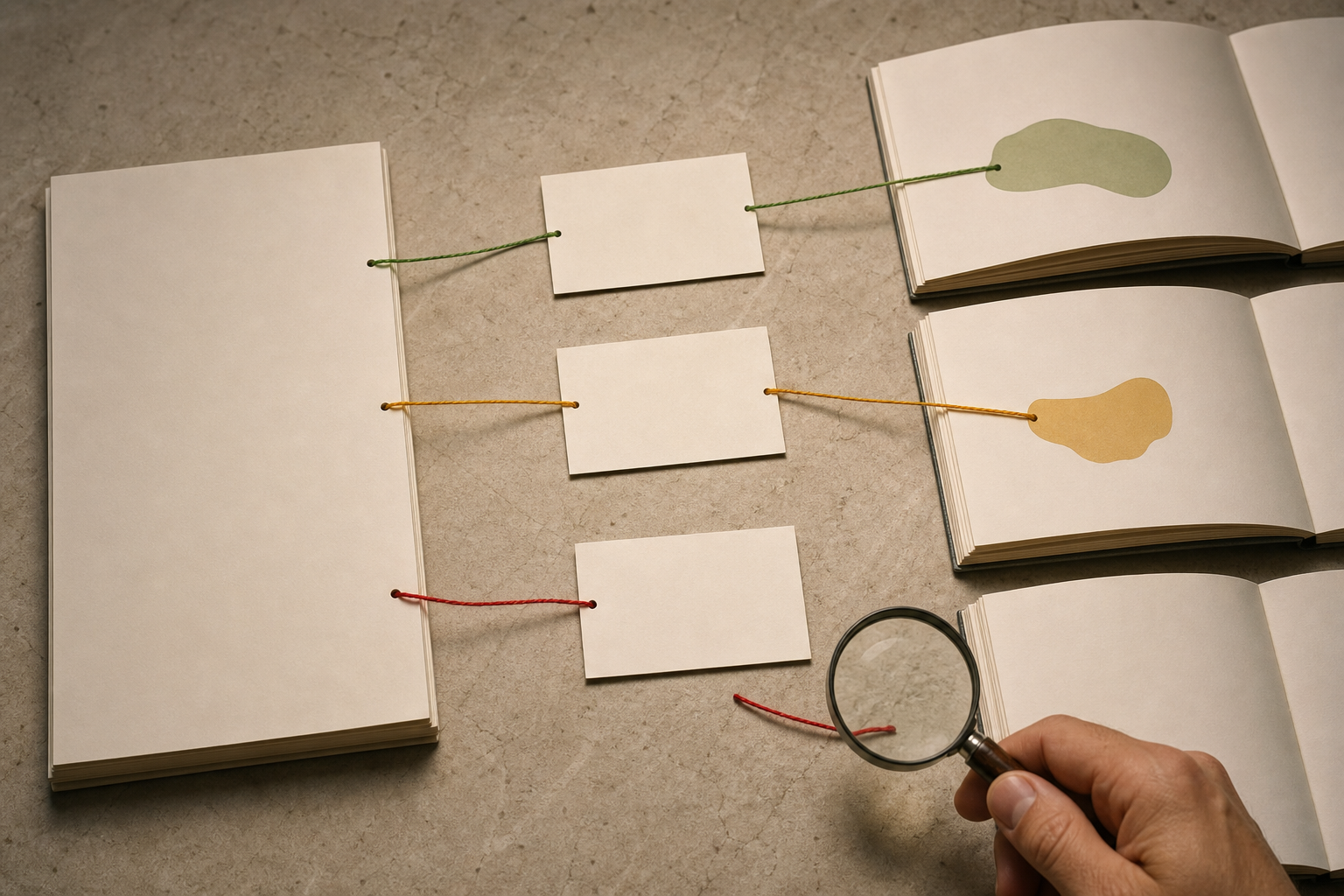 Separate claim cards are linked by green, amber, and red threads to supporting source documents as a hand inspects one connection with a magnifying lens.