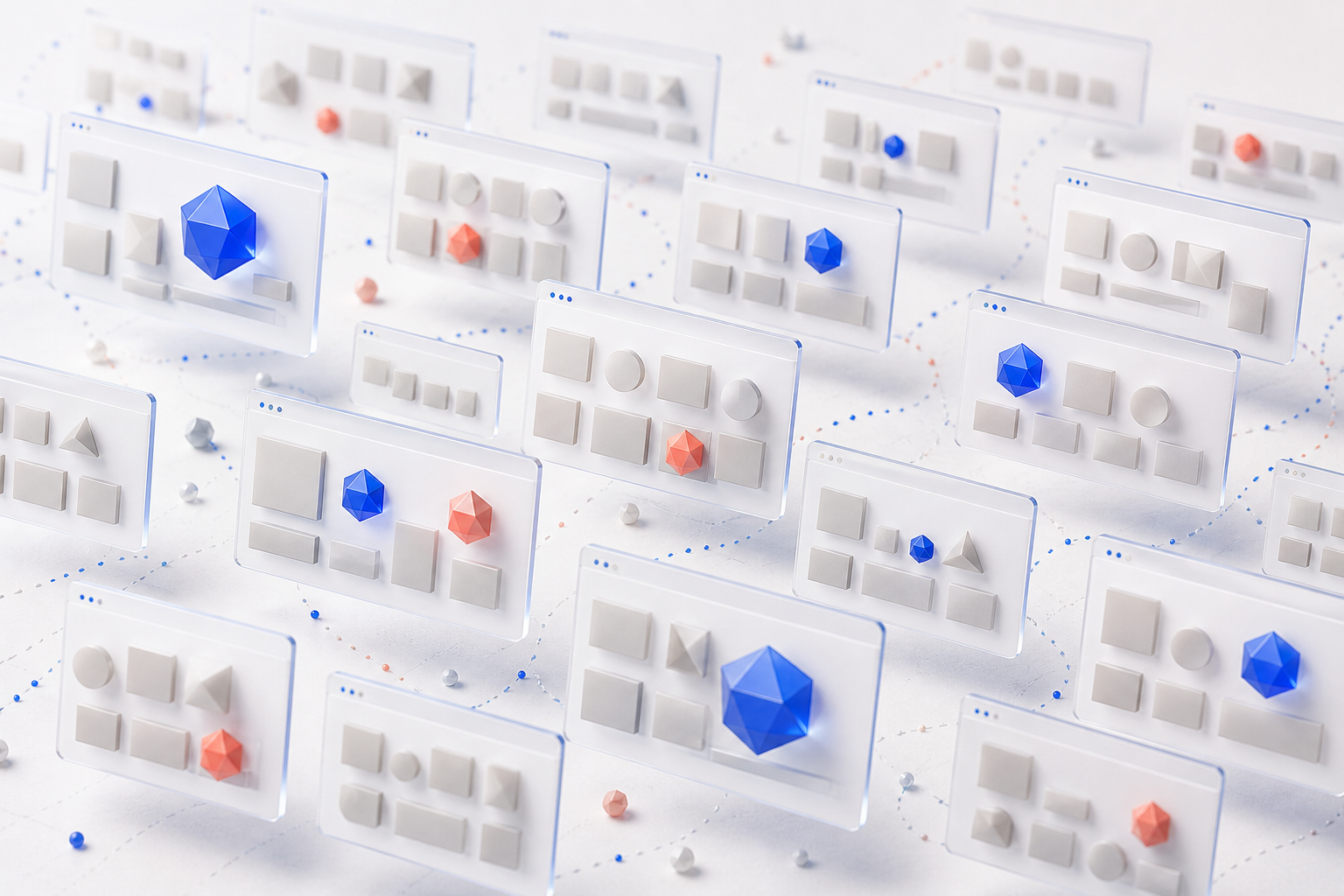 Many floating result panels show cobalt and coral geometric objects appearing in different positions or disappearing across repeated searches.