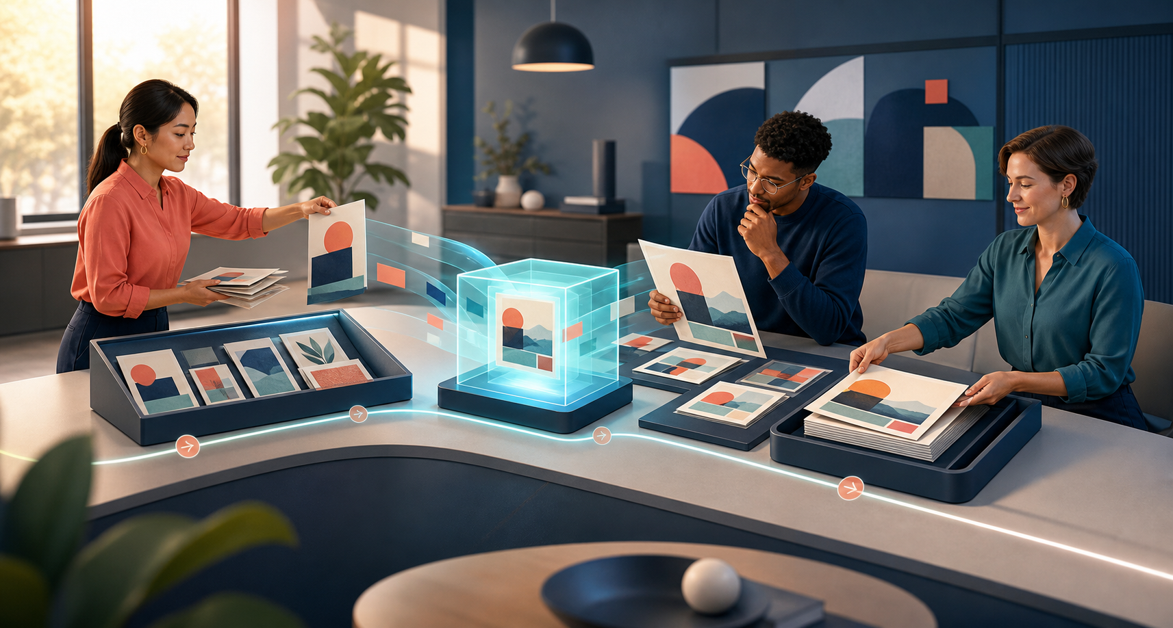 Marketing team members guide campaign materials through reference, AI drafting, human review, and delivery stations in a modern studio.