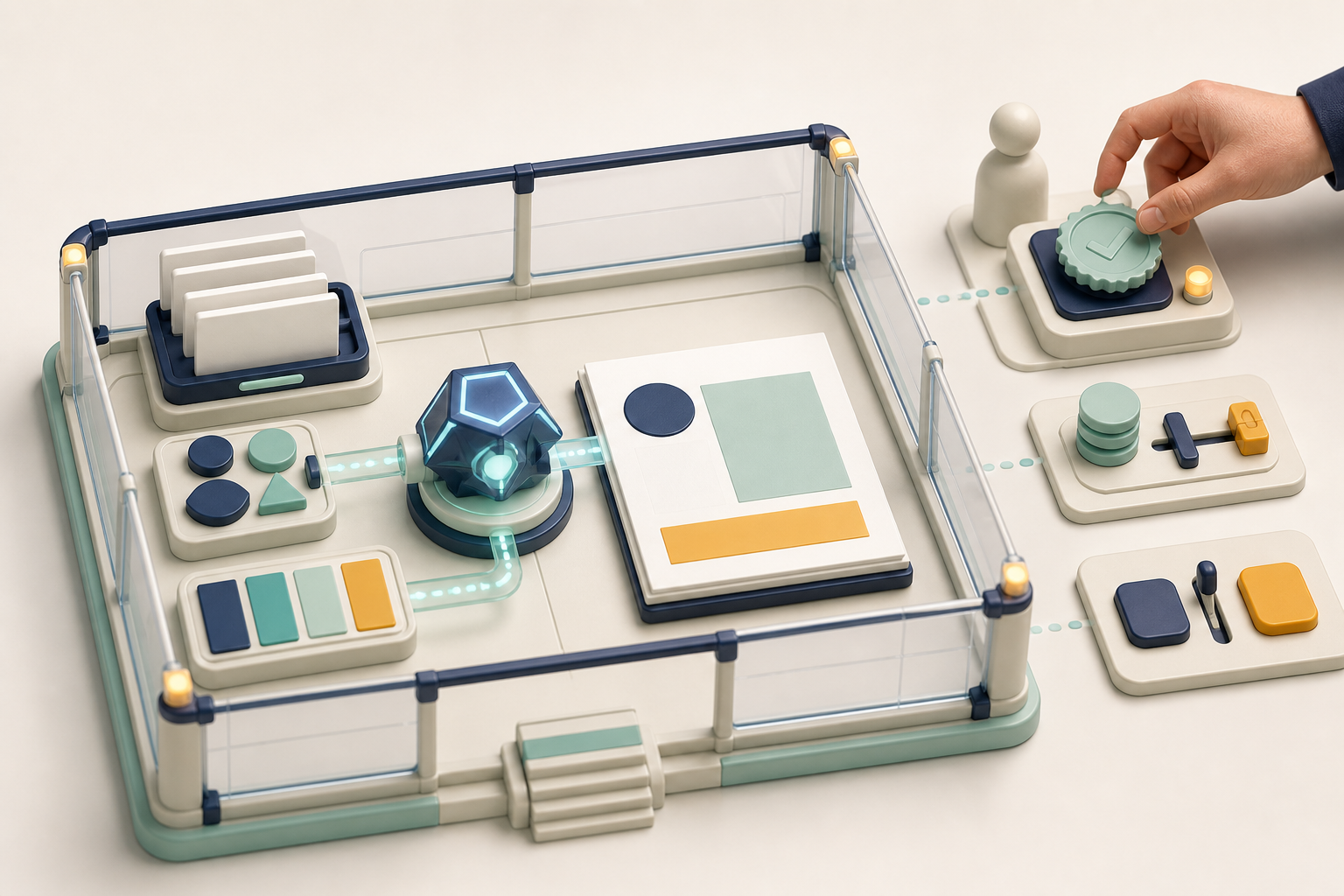 A geometric AI assistant assembles approved campaign assets inside a partitioned workspace while publishing and approval controls remain outside with a human supervisor.
