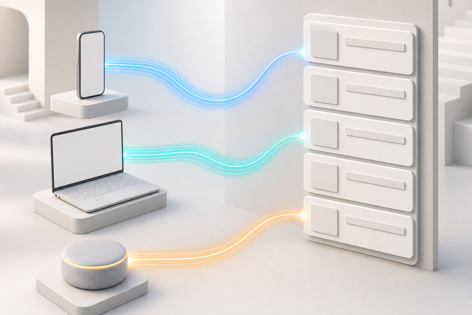 Three unbranded devices send different paths toward the same unchanged arrangement of webpage cards.