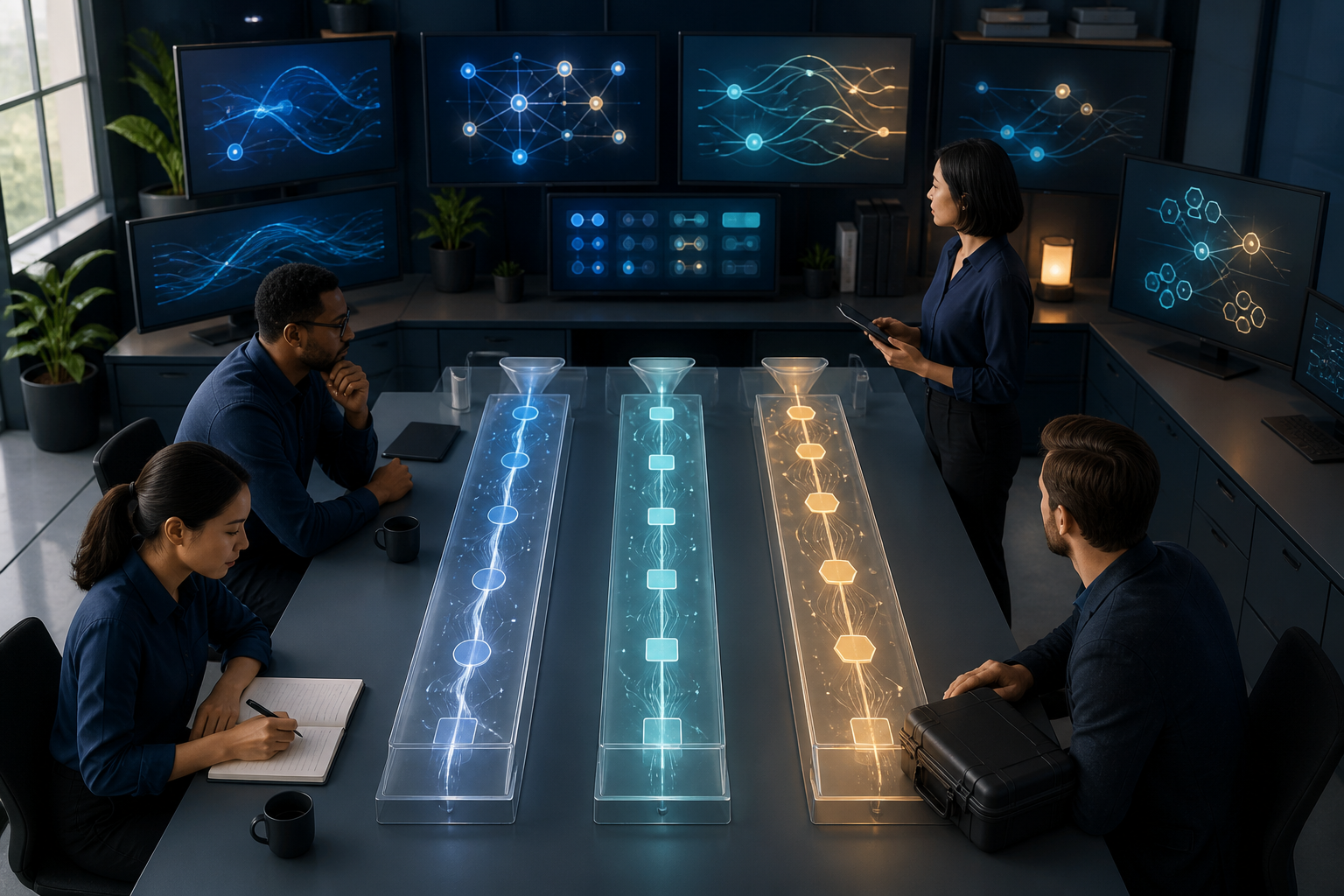 A small team monitors abstract traffic signals around a table with three parallel pathway models in a modern operations room.