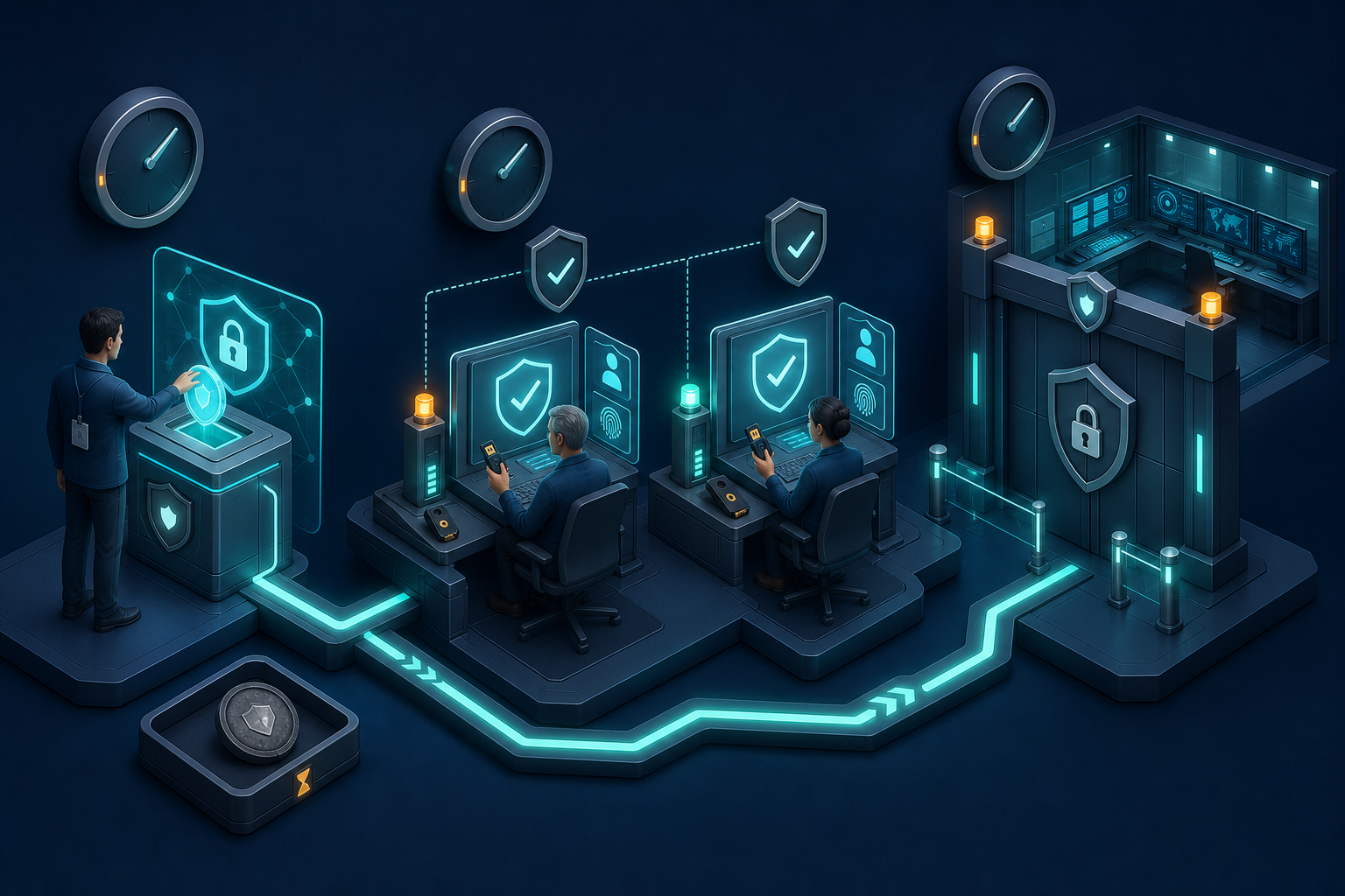 A requester, two separate approvers, and a protected campaign console are connected by a secure approval path, with a stale request set aside.