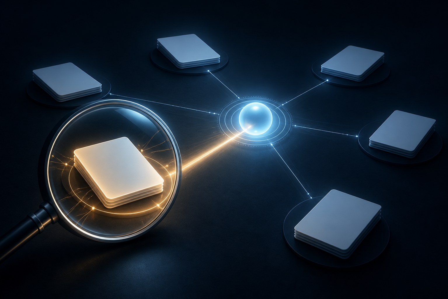 A magnifying glass highlights one established web page connected to a glowing search-intent orb while other page tiles remain in the background.
